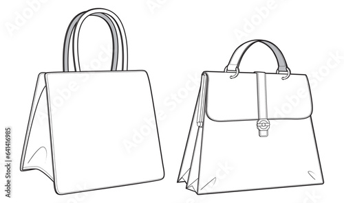 Lady handbag flat sketch fashion illustration drawing template mock up, Top handle kelly bag cad drawing. ladies Handheld bag flat sketch vector