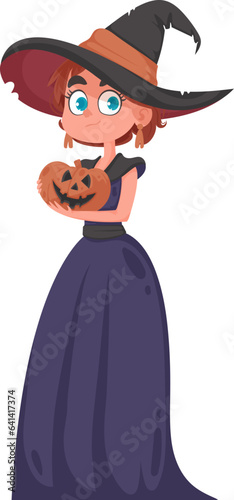 A small girl is dressed as a frightening witch and carrying a pumpkin. The Halloween theme is all about the fun and enjoyable things and activities that are related to Halloween.