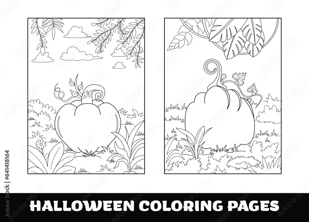 Halloween pumpkin coloring pages for kids. Pumpkin themed outlined for coloring page on white background.