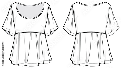 Women Peplum blouse top  design flat sketch fashion illustration with front and back view vector template photo