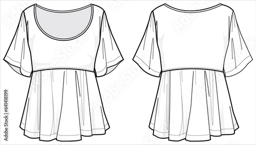 Women Peplum blouse top  design flat sketch fashion illustration with front and back view vector template