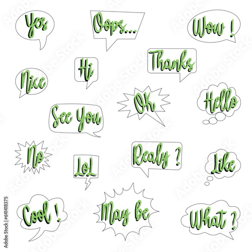Bubble speach with short message collection. Beautiful lettering with shadow internet phrase set. Vector illustration.