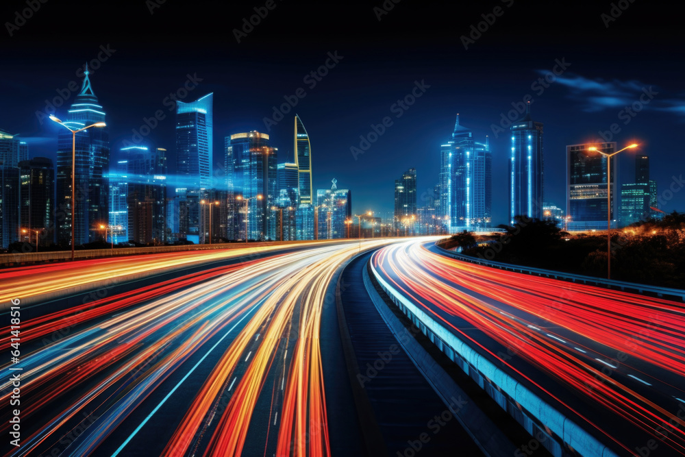 Fototapeta premium Cars headlamp trails with motion blur effect at night city street. Colored lines on road with long exposure effect. City silhouette with skyscrapers and road traffic at night