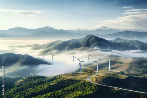Wind farm. Wind generators in mountain landscape. Development of renewable energy sources photo