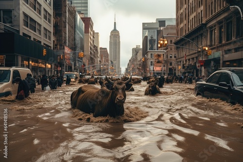 On a flooded street in New York, a cow, people and cars. The climate problem of high precipitation.