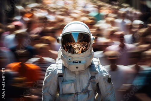 Astronaut wearing space suit at crowded street in rush hour. Lonely space man among people in city with motion blur effect © Lazy_Bear