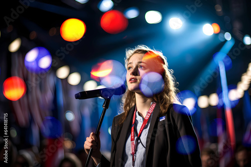 pretty young woman at political convention speaking into microphone photo