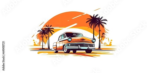 Beautiful illustration Old car on beach background 