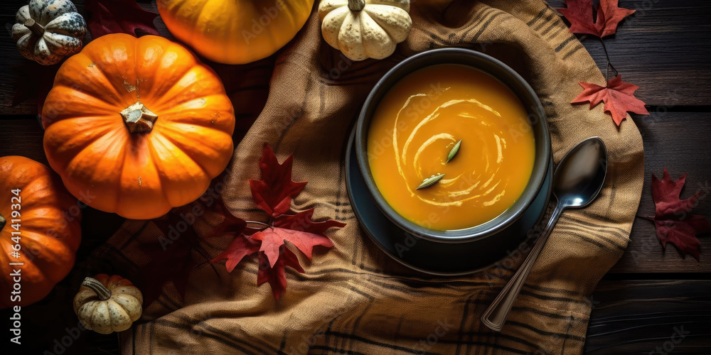 Ai. Pumpkin soup in a bowl with autumn leaves and pumpkins on a dark background Ai. Pumpkin soup in a bowl with autumn leaves and pumpkins on a dark background