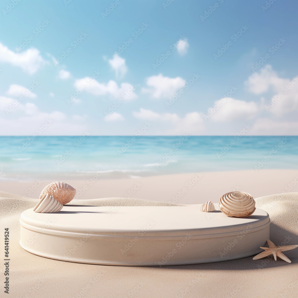 Minimal round marble podium, Aesthetic summer dais, 3D podium with a premium summer beach background, seaside sand, waves, shells and coconut trees for product showcase, AI generated.