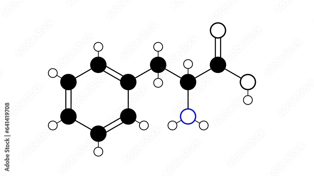 phenylalanine molecule, structural chemical formula, ball-and-stick model, isolated image alpha-amino acid phenylalanine molecule, structural chemical formula, ball-and-stick model, isolated image alpha-amino acid