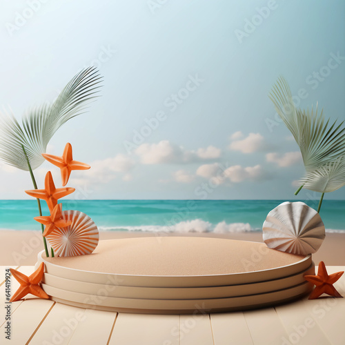 Minimal round marble podium, Aesthetic summer dais, 3D podium with a premium summer beach background, seaside sand, waves, shells and coconut trees for product showcase, AI generated.