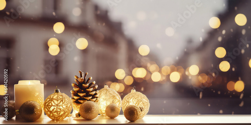 Close up of Christmas decorative composition with christmas balls  candles  garland  golden decoration on windowsill. New year  Xmas background. Winter greeting card. Holidays template.Generative ai