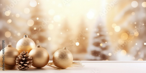 Close up of Christmas decorative composition with christmas balls, candles, golden decoration on windowsill. New year, Xmas background. Winter greeting card. Holidays template. Generative ai