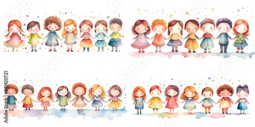 watercolor style illustration of cute girls standing together, collection set, Generative Ai