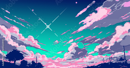 Bright cloudscape with a glowing star overhead. Vector illustration in cartoon anime style with retrofuturistic vaporwave vibe.