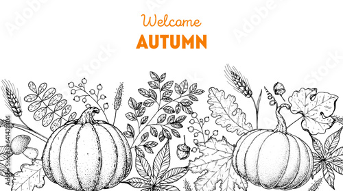 Cozy Autumn frame. Hand drawn vector illustration. Horizontal seamless. Twigs, pumpkin, leaves, maple leaf, acorn. Hand drawn sketch.