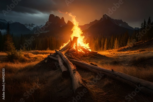 Burning fire in forest at night