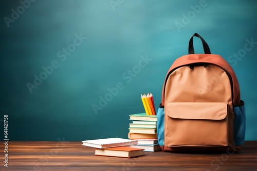 backpack and school supplies on wooden table with chalkboard background, copy space 