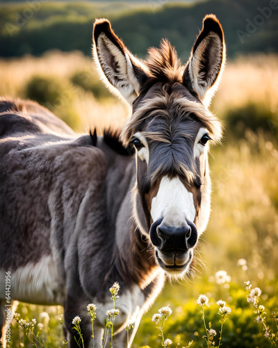 close up portrait of a donkey in the grass - generative ai