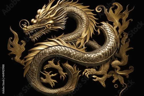 Golden dragon isolated on black background