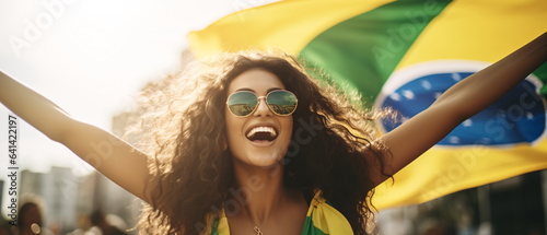 Portrait of pretty and happy Brazilian woman standing with smile, in front of Brazilian flags, shouting, celebrating victory or success. Generative ai