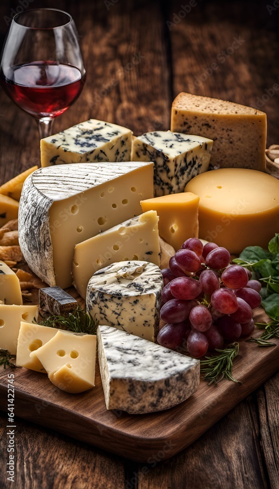 Cheeseboard with a varied selection of cheeses with grapes and a glass of red wine Cheeseboard with a varied selection of cheeses with grapes and a glass of red wine