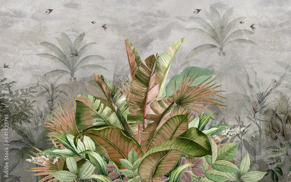 Obraz premium Tropical and exotic plants and foliage. Floral background to paint walls, wallpaper, photo wallpaper, postcards, postcards. Loft, modern and classic design.