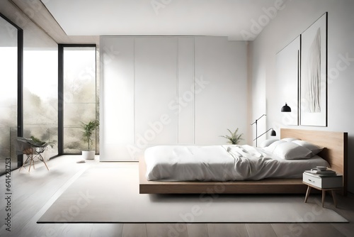 A minimalist bedroom with clean lines and neutral tones, where a white empty canvas frame for a mockup complements the peaceful ambiance. 