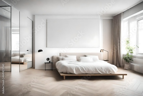 A minimalist bedroom with clean lines and neutral tones, where a white empty canvas frame for a mockup complements the peaceful ambiance.  © SardarMuhammad