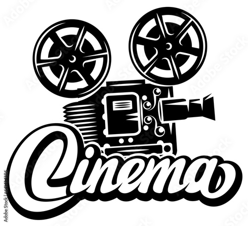 Retro film projector and calligraphic inscription cinema. Vector monochrome illustration. Editable template for design