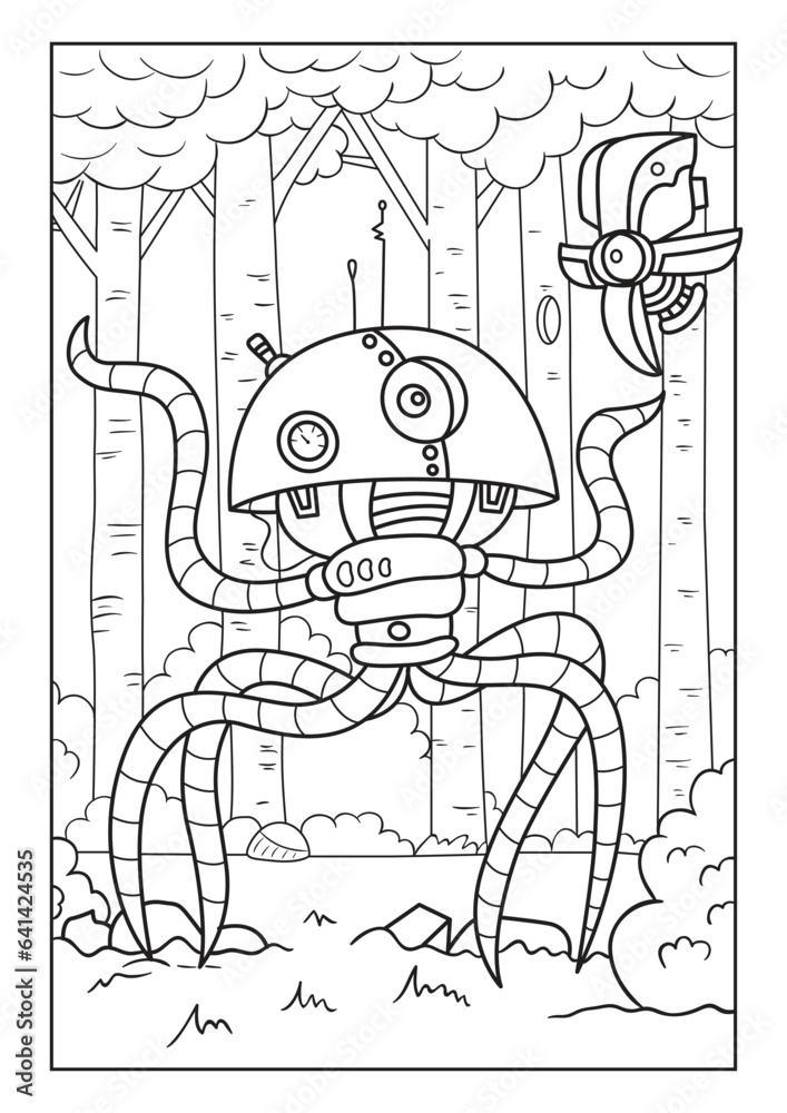 Two robots met. One has many limbs and the other is flying. A forest can be seen in the background. Black and white vector illustration for coloring book.