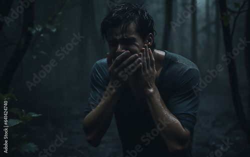 A scared person screaming in dark forest in the rain. Generative AI.
