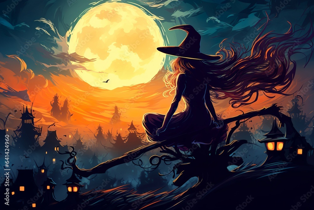 a witch rests on her broom full moon