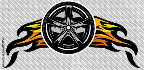 Metal disc for wheel and flames on both sides on carbon background. Template for design. Vector illustration