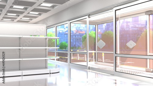Shop space, sunlight through the windows, empty shelves. 3d illustration