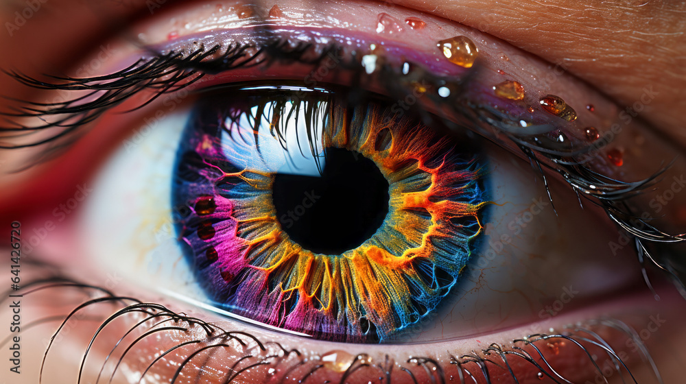 Dive into the captivating intricacies of the human eye, captured in radiant HDR, shimmering with vibrant, warm, and luminous colors. Generative AI.
