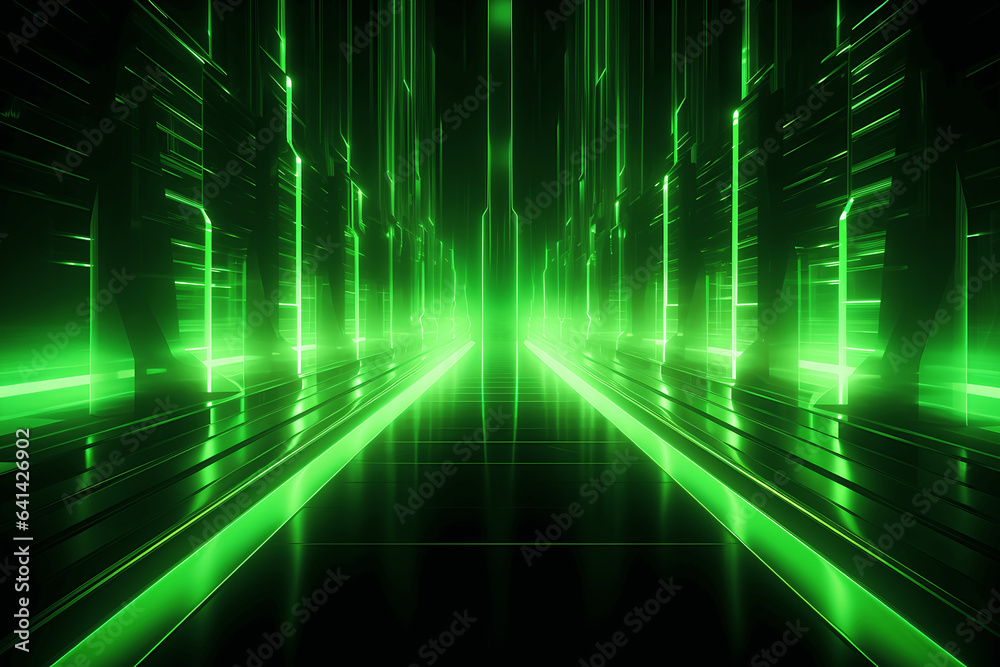 Abstract neon green background, cyber space, parallel universe, lines, stripes, glow. AI generated Abstract neon green background, cyber space, parallel universe, lines, stripes, glow. AI generated
