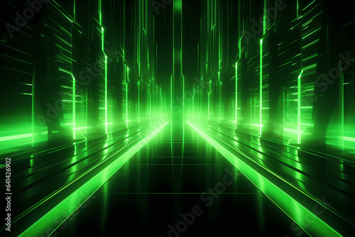 Abstract neon green background, cyber space, parallel universe, lines, stripes, glow. AI generated