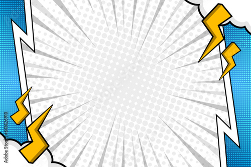 Blank blue comic cartoon frame background template with lightning