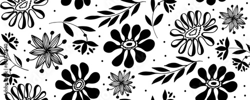 Wild flowers silhouettes vector seamless pattern. Camomile or daisy painted by brush. Small branches with leaves, stems with flowers. Abstract plant motif. Black brush painted floral ornament.