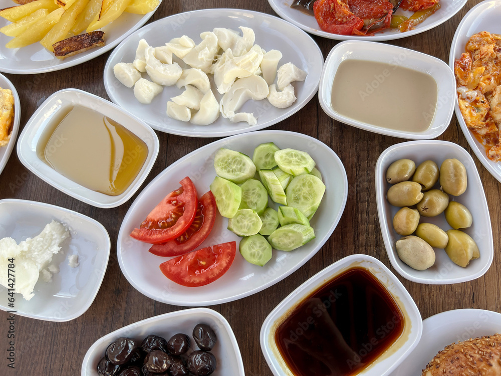 traditional spread Turkish breakfast on table traditional spread Turkish breakfast on table