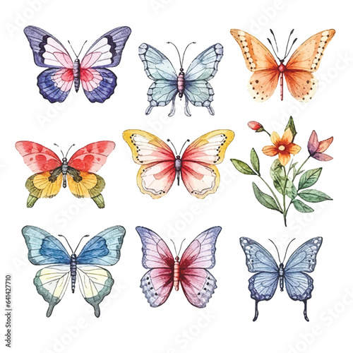 Winged Splendor: Watercolor Colorful Butterfly Collection, White Background © Finkha