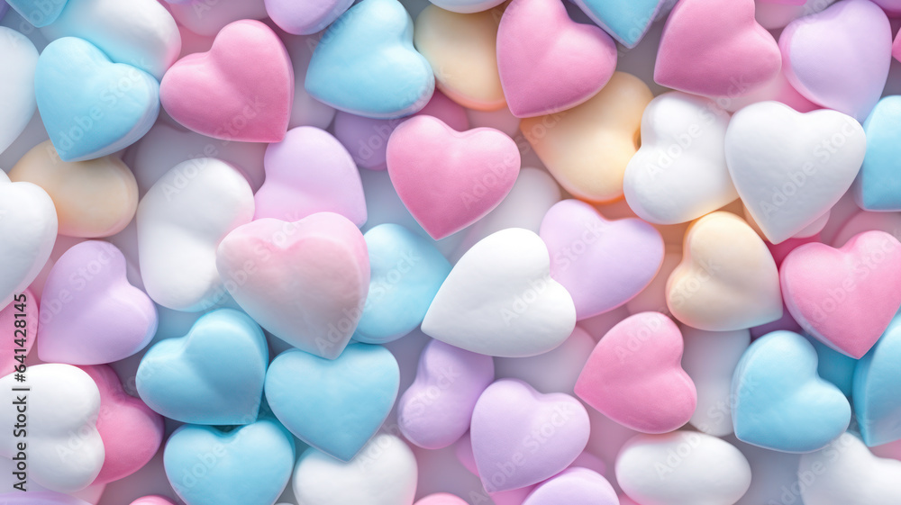Colorful Pastel Heart-Shaped Marshmallows Background Colorful Pastel Heart-Shaped Marshmallows Background