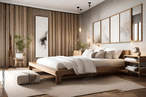 An inviting bedroom with wooden accents and calming decor, where a white canvas frame for a mockup adds an element of artistic elegance.  © SardarMuhammad