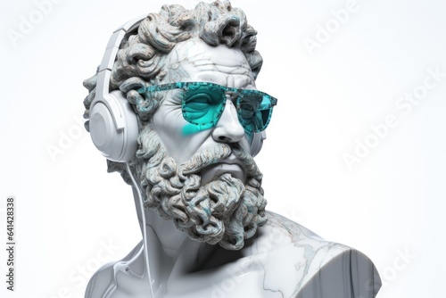 Bust of Hercules wearing blue glasses with white headphones on his head. Creative concept of music.