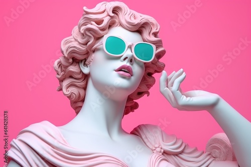 Greek goddess Aphrodite wearing blue glasses poses on a pink pastel background.