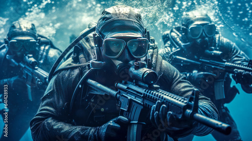 Special Forces in Black Wet Suits and Helmets Diving with Firearms AI Generated
