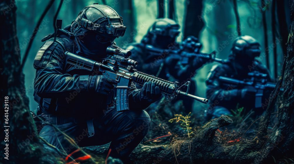 Special Forces Team in Camouflage and Helmets on a Combat Operation in dense forest AI Generated