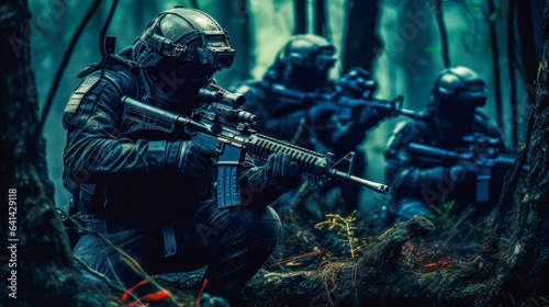 Special Forces Team in Camouflage and Helmets on a Combat Operation in dense forest AI Generated